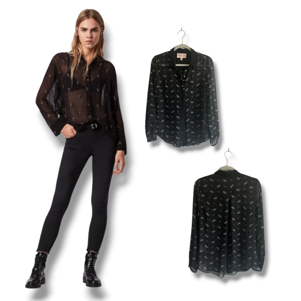 Philosophy Women's Black Beagle Puppies Print Sheer Button Down Shirt